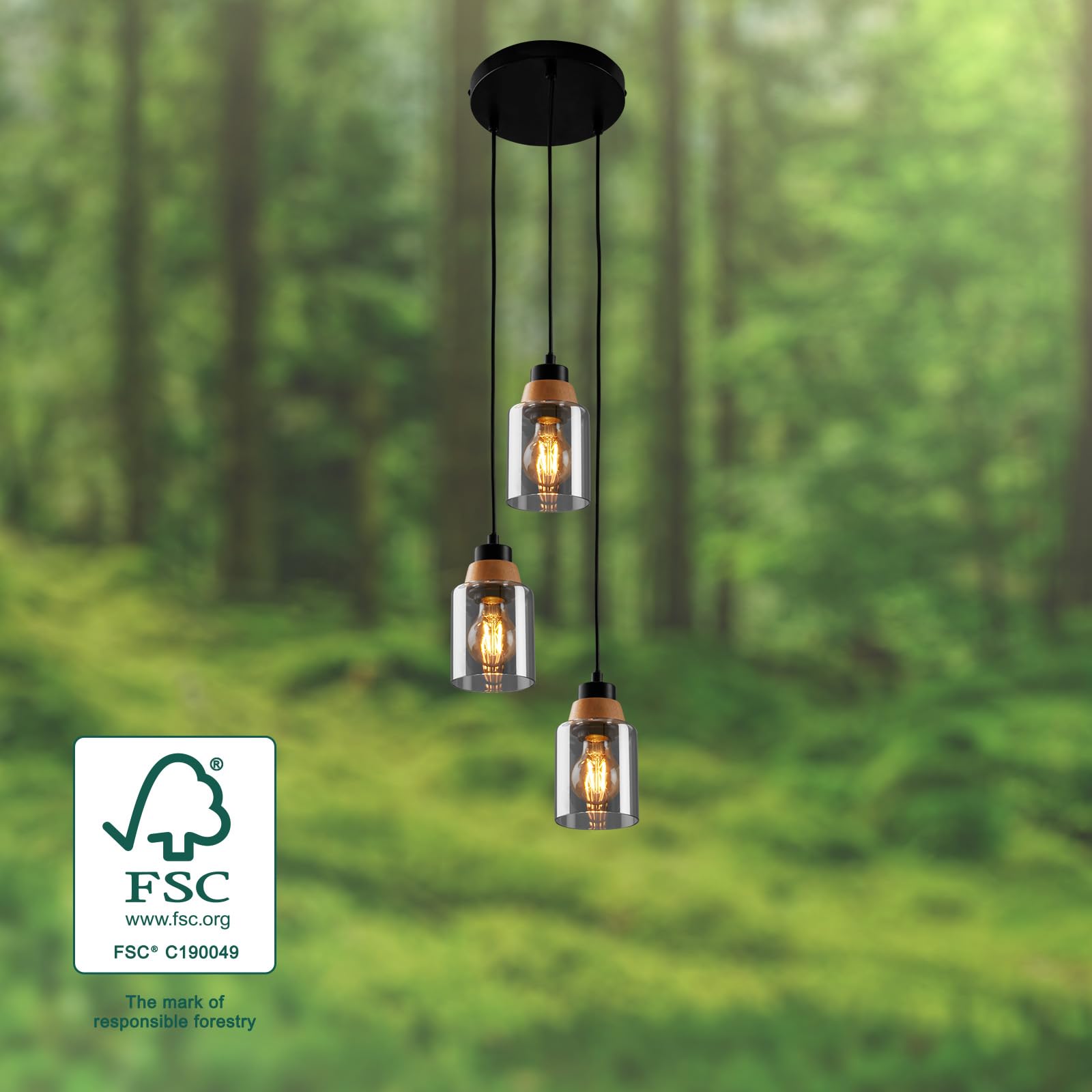 BRILONER – 3-flammige Pendelleuchte, Rauchglas, Deckenlampe, Deckenleuchte, Lampe, Wohnzimmerlampe, Lampenschirm aus Rauchglas, Hängelampe, Kronleuchter, Schlafzimmerlampe, Schwarz-Holz
