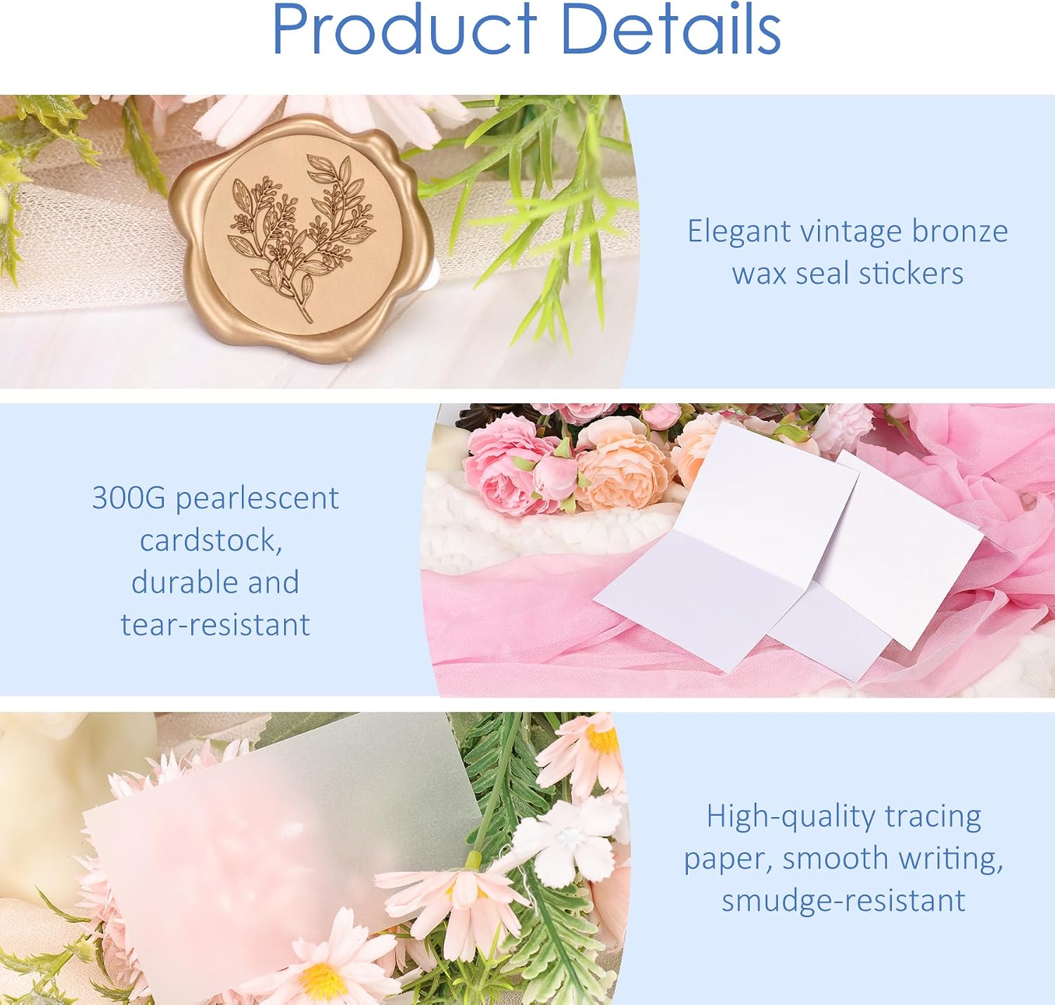 50 Pack Place Cards with Antique Gold Wax Seal Sticker, Name Cards for Table Setting, 4x3 inches Table Tent Card Stock Decor for Party, Wedding Dinner & Events (Pearlescent White)