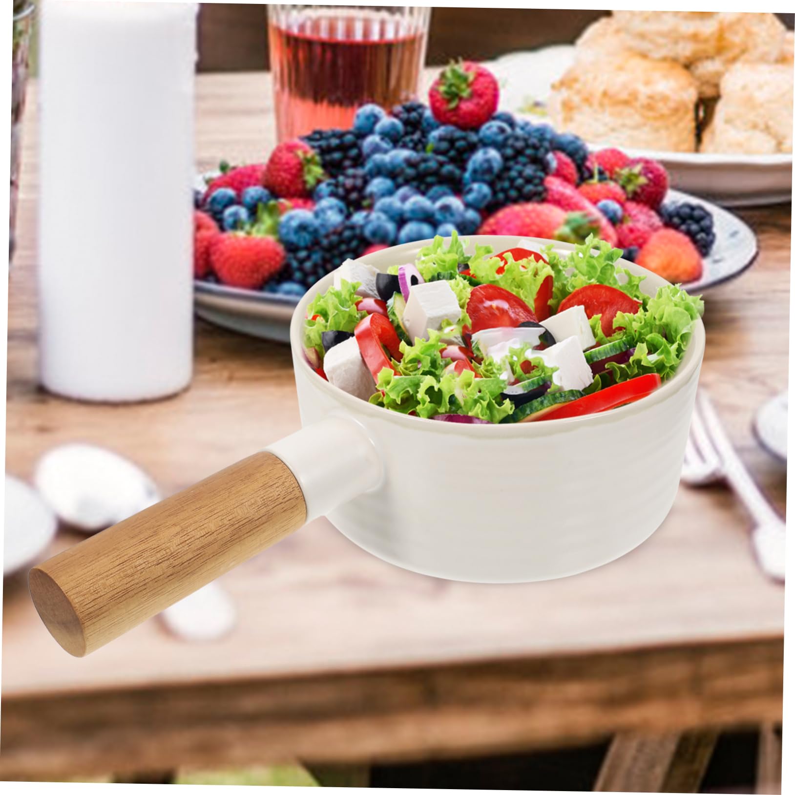 Cabilock Tazón de Sopa Grande de Cerámica Asa de Madera Anti-escaldaduras para Servir Ensaladas o Postres Cocina o Mesa Familiar de Cerámica