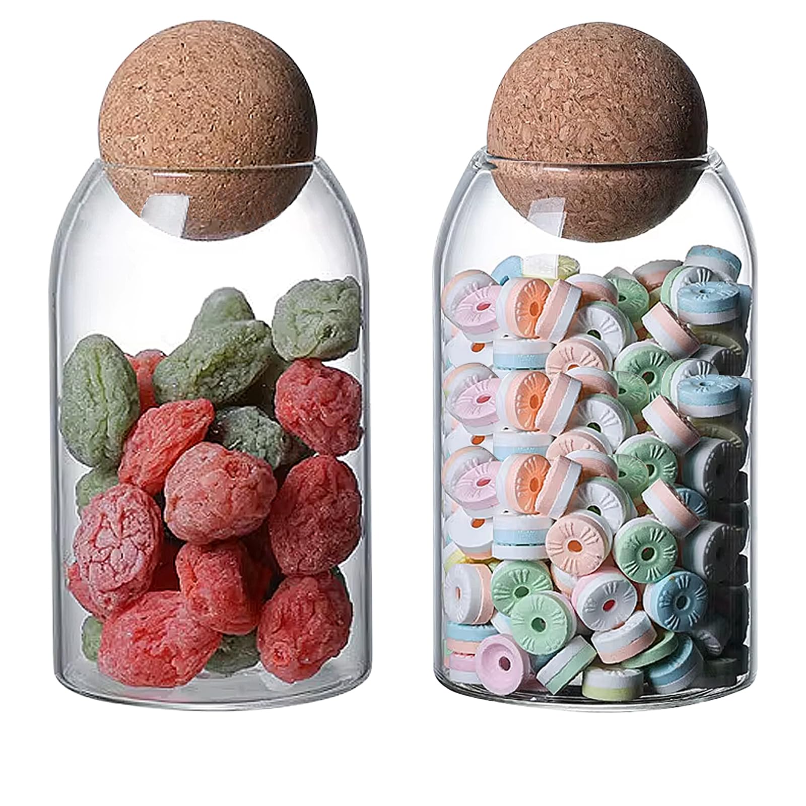 Glazen voorraadpot met bol, kurkdeksel, set van 2 voorraaddozen, glas, glazen container met deksel, glazen met kurk, helder glas, voorraadpotten met deksel voor thee, koffie, specerijen, bonen (500 ml