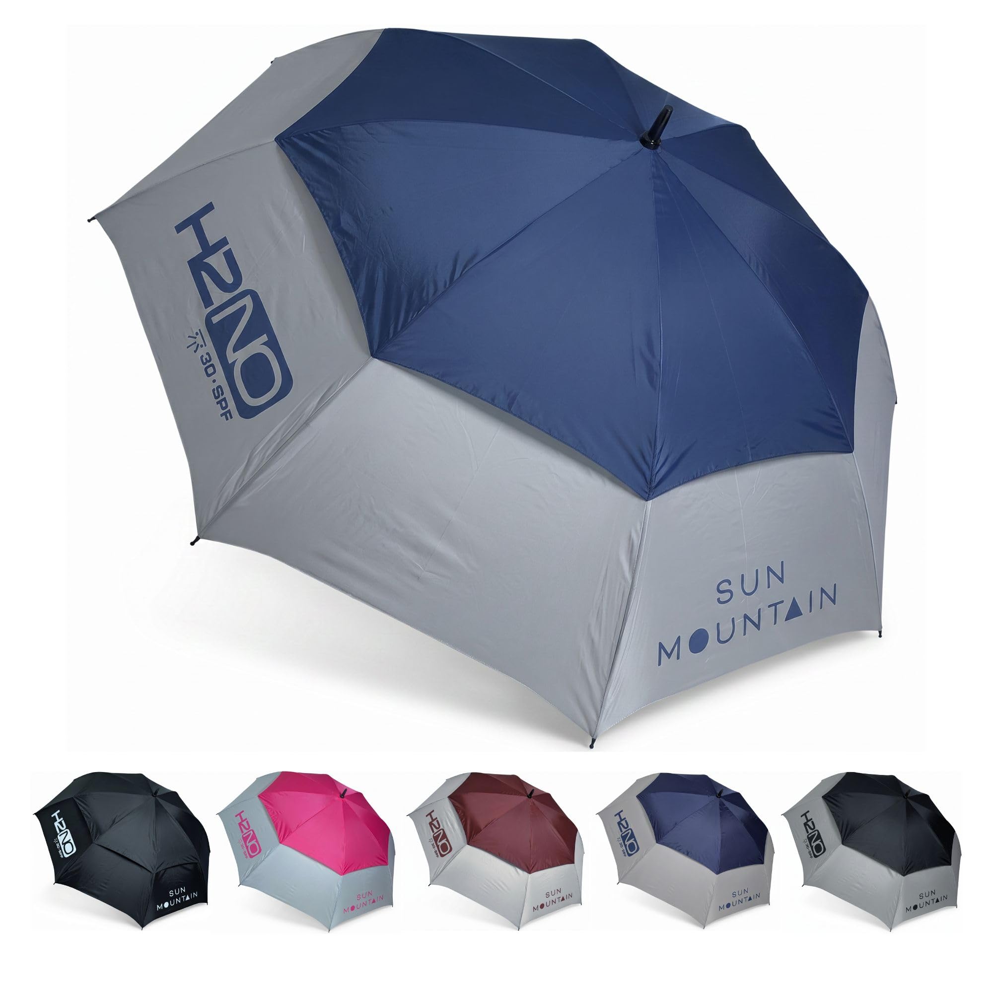 Sun Mountain H2NO Golf Umbrella Nickel/Cadet – 150cm Dual Canopy Windproof & Waterproof Golf Umbrella with 30SPF UV Protection and Auto Open