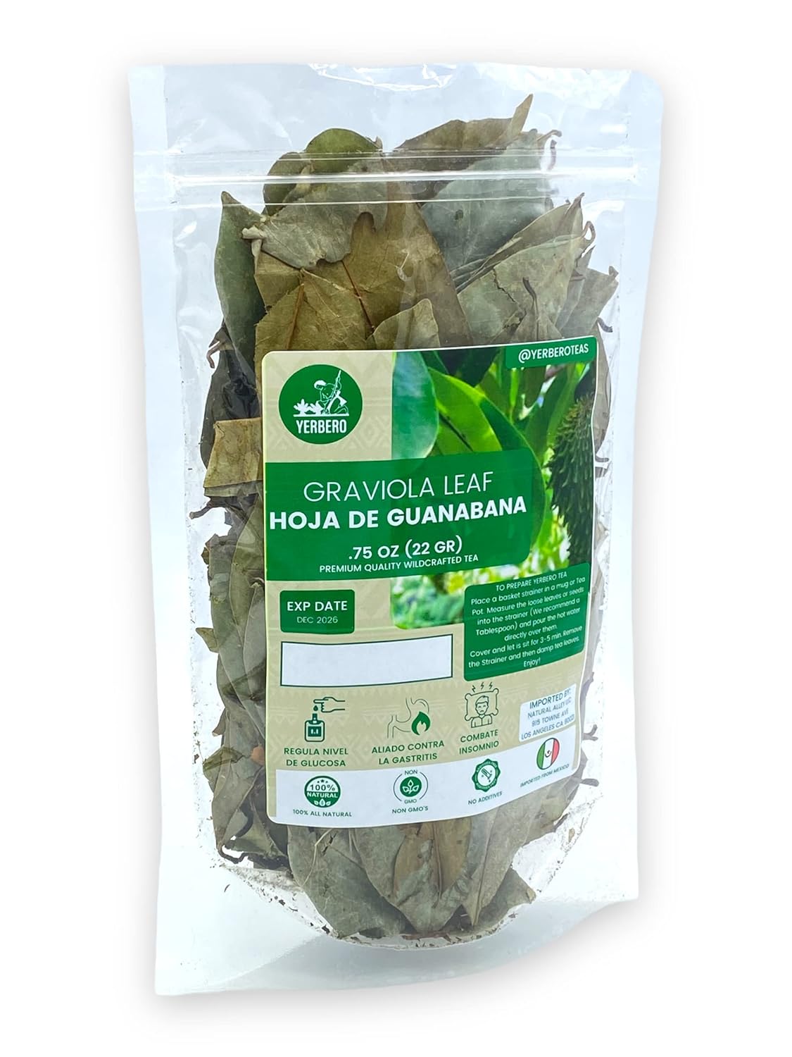 Yerbero Hoja de Guanabana Entera (.75 oz 22 gr) Hojas de guanábana de guanábana de graviola