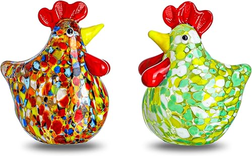 H&D HYALINE & DORA Juego de 2 mini figuras de gallo de vidrio soplado de cristal de pollo coleccionable, adornos de animales de cristal para