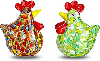 H&D HYALINE & DORA Set of 2 Mini Glass Rooster Figurines Art Blown Glass Chicken Collectible Figurine Crystal Animal Ornaments for Farm Thanksgiving Centerpiece Decor