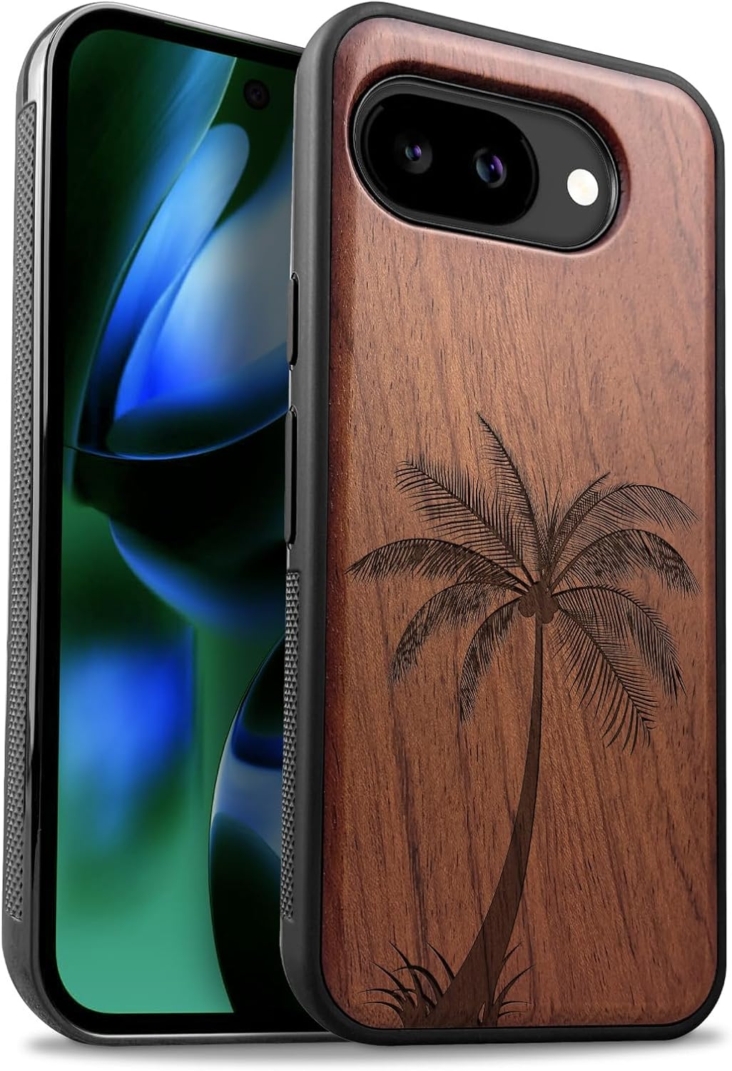 Carveit Magnetic Wooden Case for Google Pixel 10a Case, Wood Artisan Engraved & Soft TPU Shockproof Cover, Compatible with MagSafe Wireless Chargers (Serene Palm Tree) Rosy