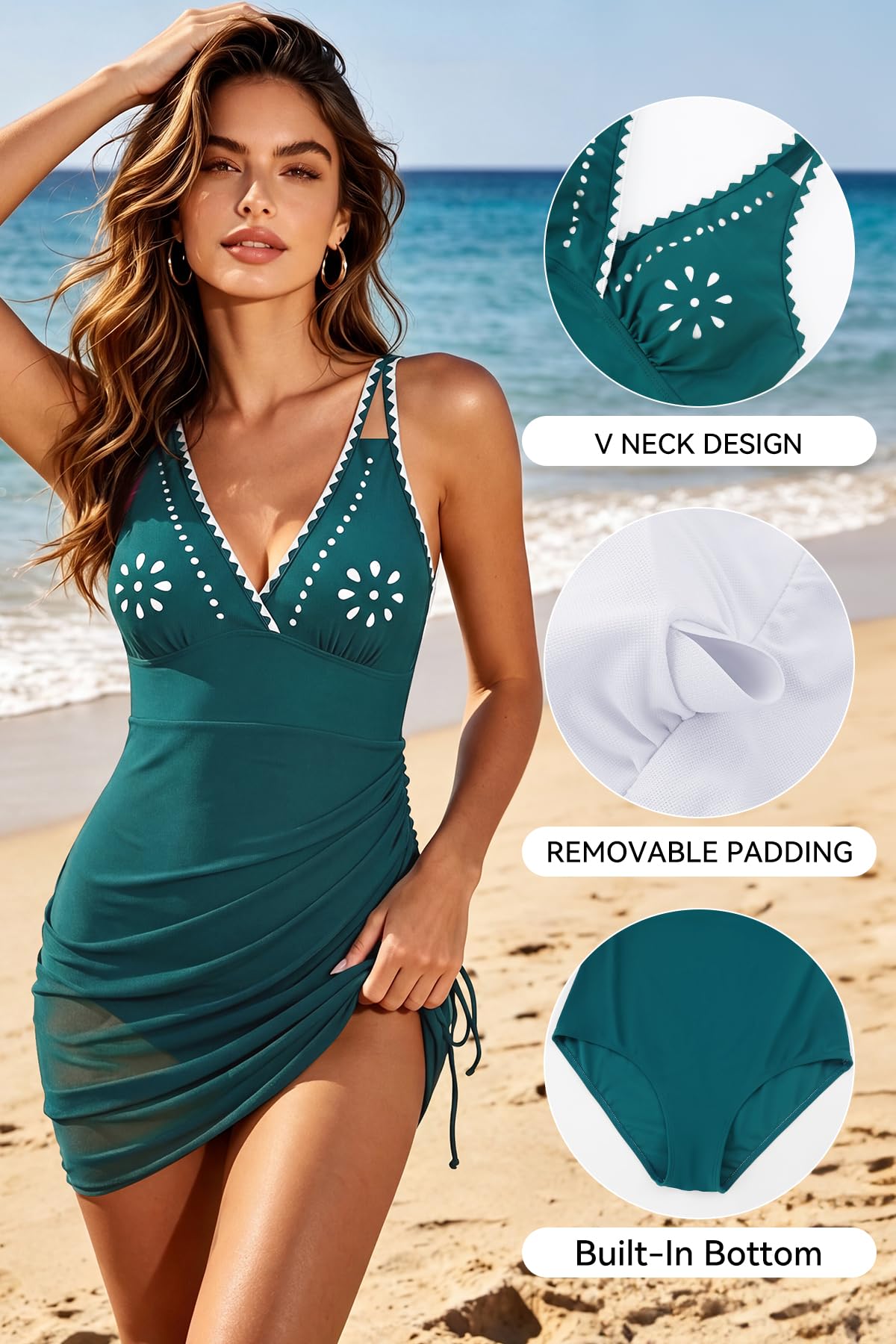 SHEKINI Costume Intero Donna Collo V Controllo Pancia Costume Intero con Gonna