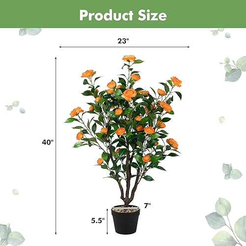 Miniatura 8 de GOFLAME Árbol de camelia, artificial de 3.3 pies, paquete de 2 unidades, planta de camelia sintética en maceta con 37 flores, tronco natural,