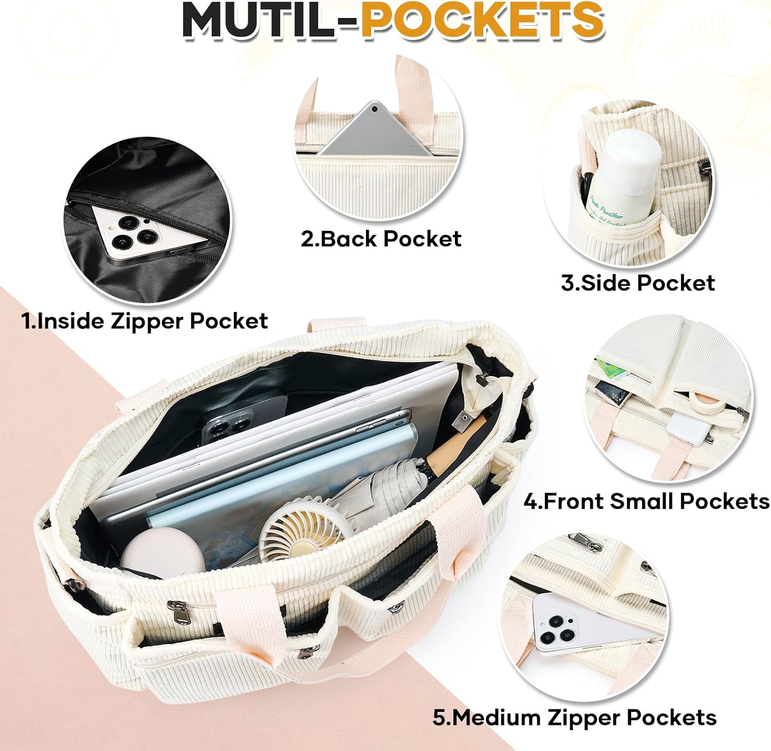 Corduroy Tote Bag for Women, Crossbody Bags, Mutil Pockets Handbag Tote Bag for Travel, Work - Image 5