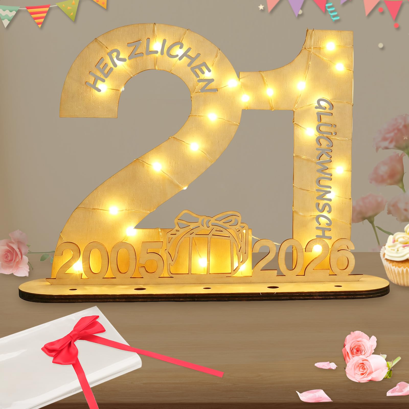 Seutgjie 21 Geburtstag Deko Frau Mann 2005-2026, Geldgeschenke Geburtstag 21 Jahre mit LED Lichterkette Geschenkpapier, Geschenk für 21 Jährige Holz Schild Gästebuch