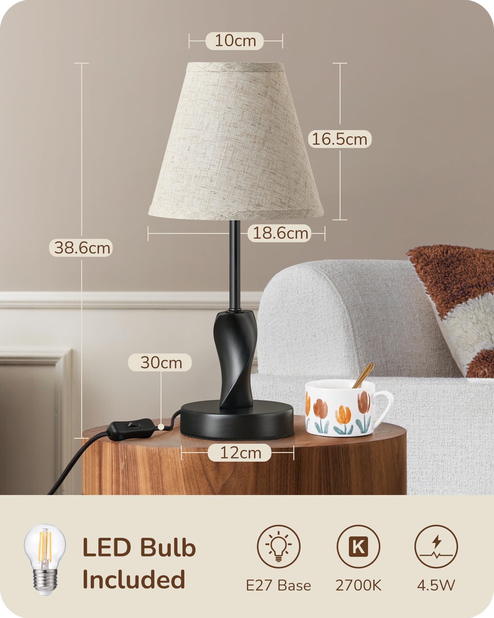 EDISHINE Bedroom Table Lamp, Modern Bedside Lamp with Oatmeal Fabric Linen Shade, Solid Wood Base - Image 4