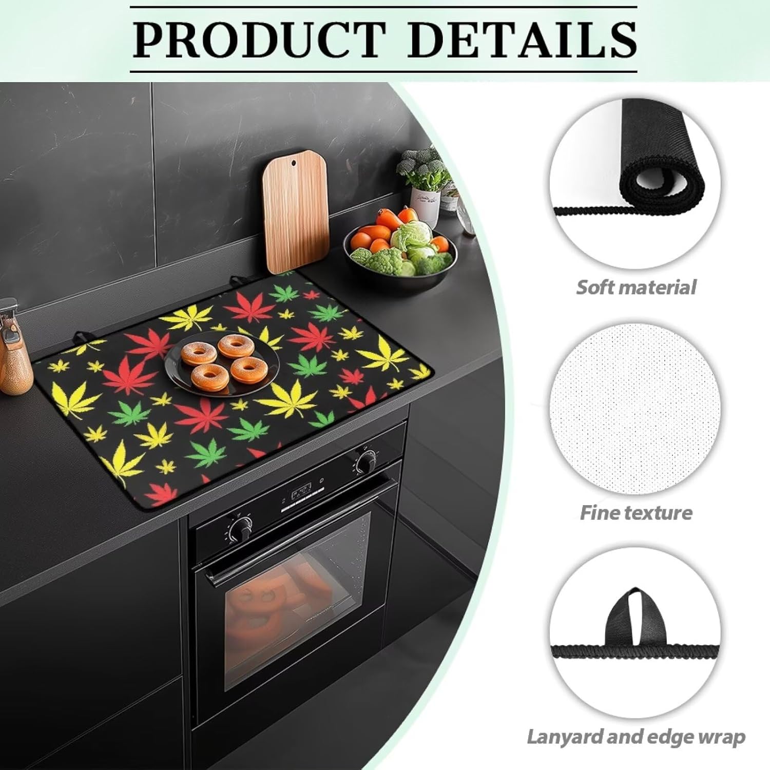 Hemp Leaf Stove Mat for Glass Top Cooktop Protector, 20.96 x 29.18 Inch Dish Drying Mat for Kitchen, Heat-Resistant Washable for Table, Washer-Dryer, Oven Black