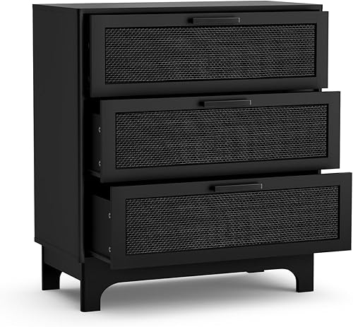 Miniatura 9 de Anmytek Cómoda de ratán negro de 35 pulgadas de alto, cómoda de granja de 3 cajones con ratán natural espaciosa cómoda para sala de estar,