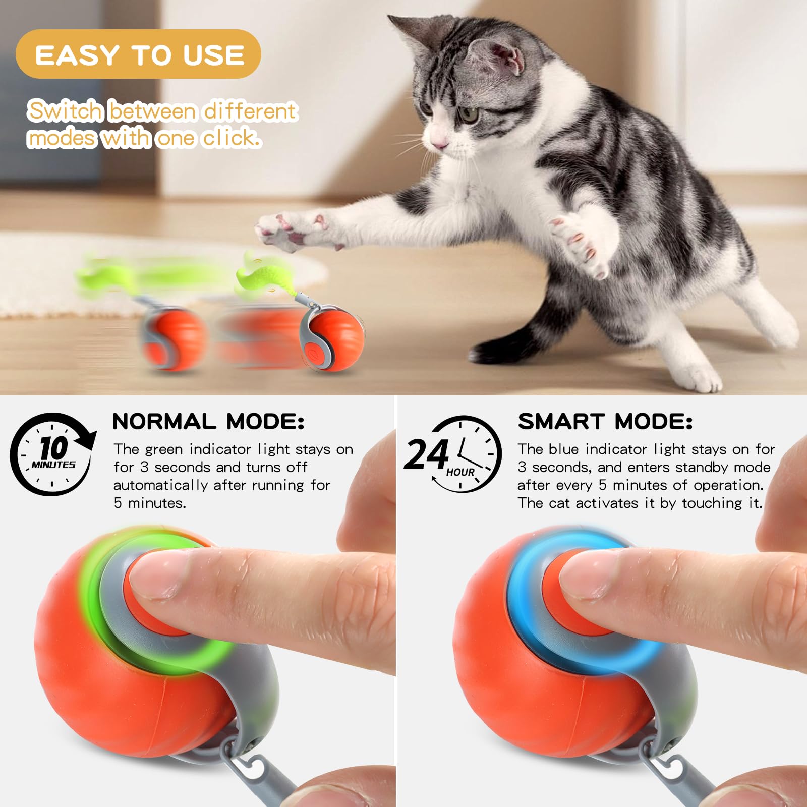 Wortade Speedy Tail 2.0, Interactive Cat Toy Ball with Spare Tail, Automatic Indoor Cat Toys, Smart Interactive Toy Ball Pair 2