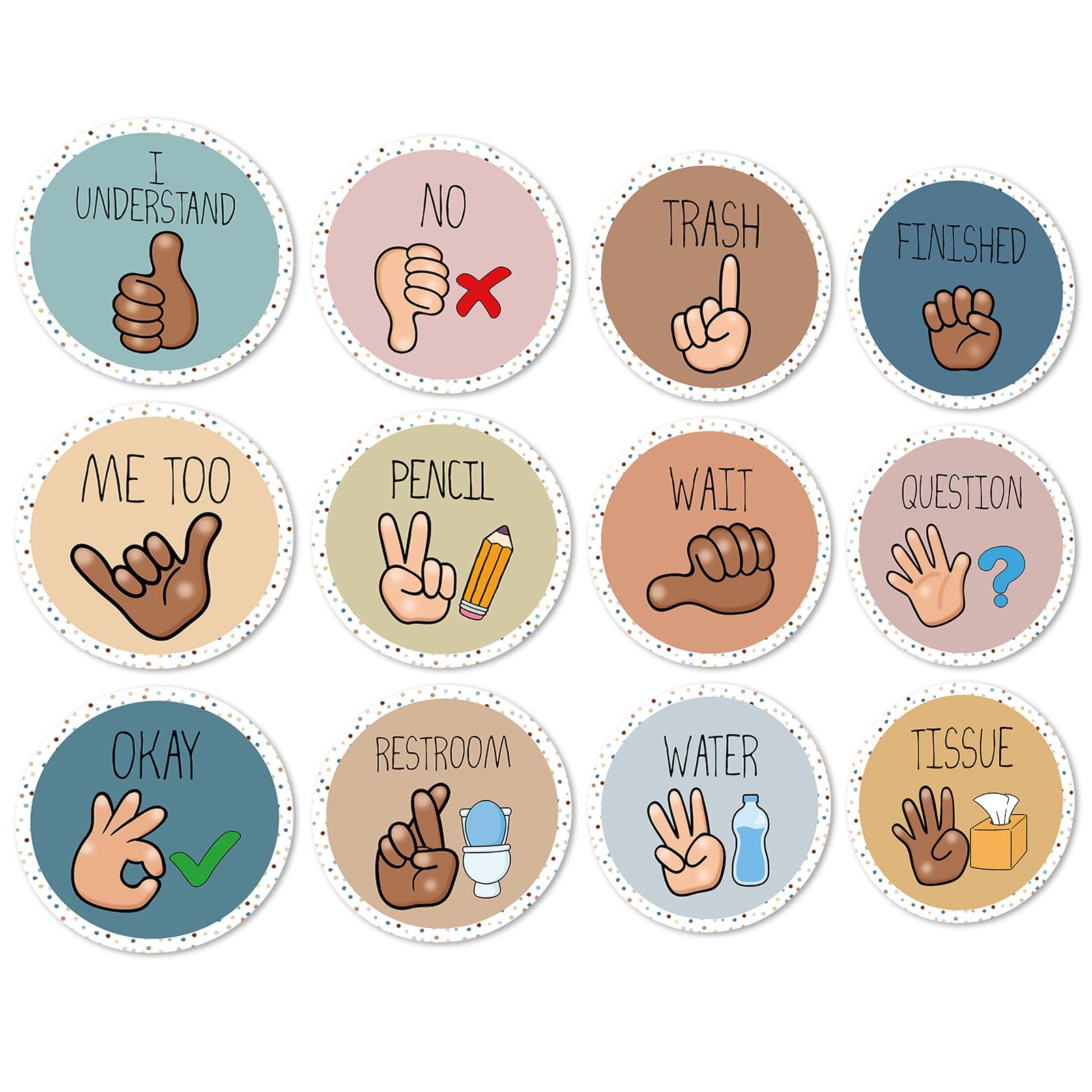 JarThenaAMCS 12Pcs Boho Color Classroom Hand Signals Posters Colorful Dot Teachers Sign Language Cutout for Classroom Learning Bulletin Board Decor