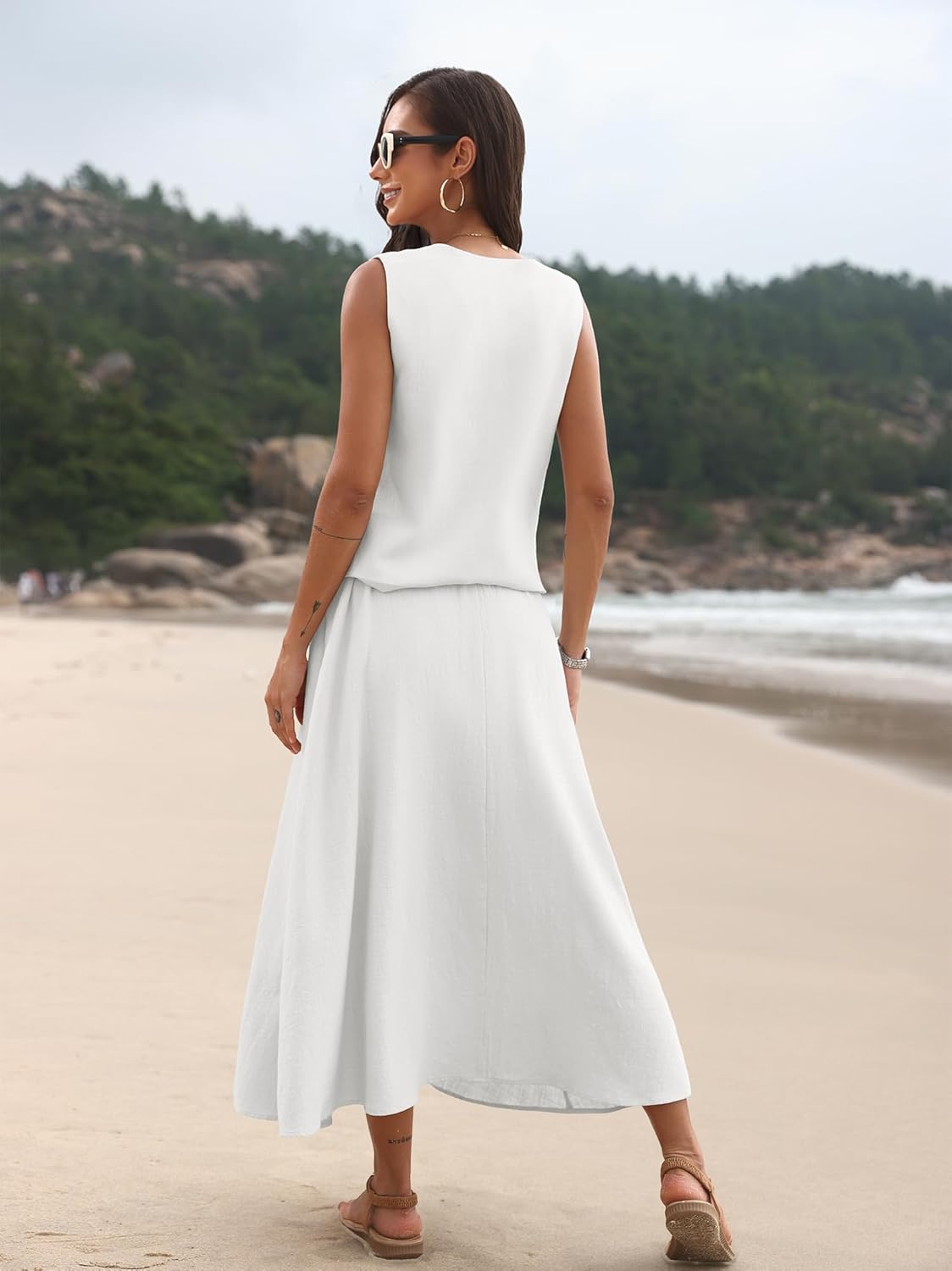 ELLEVEN 2 Piece Linen Sets for Women Summer Outfit,V-Neck Vest Top & Flowy Maxi Skirt - Image 2