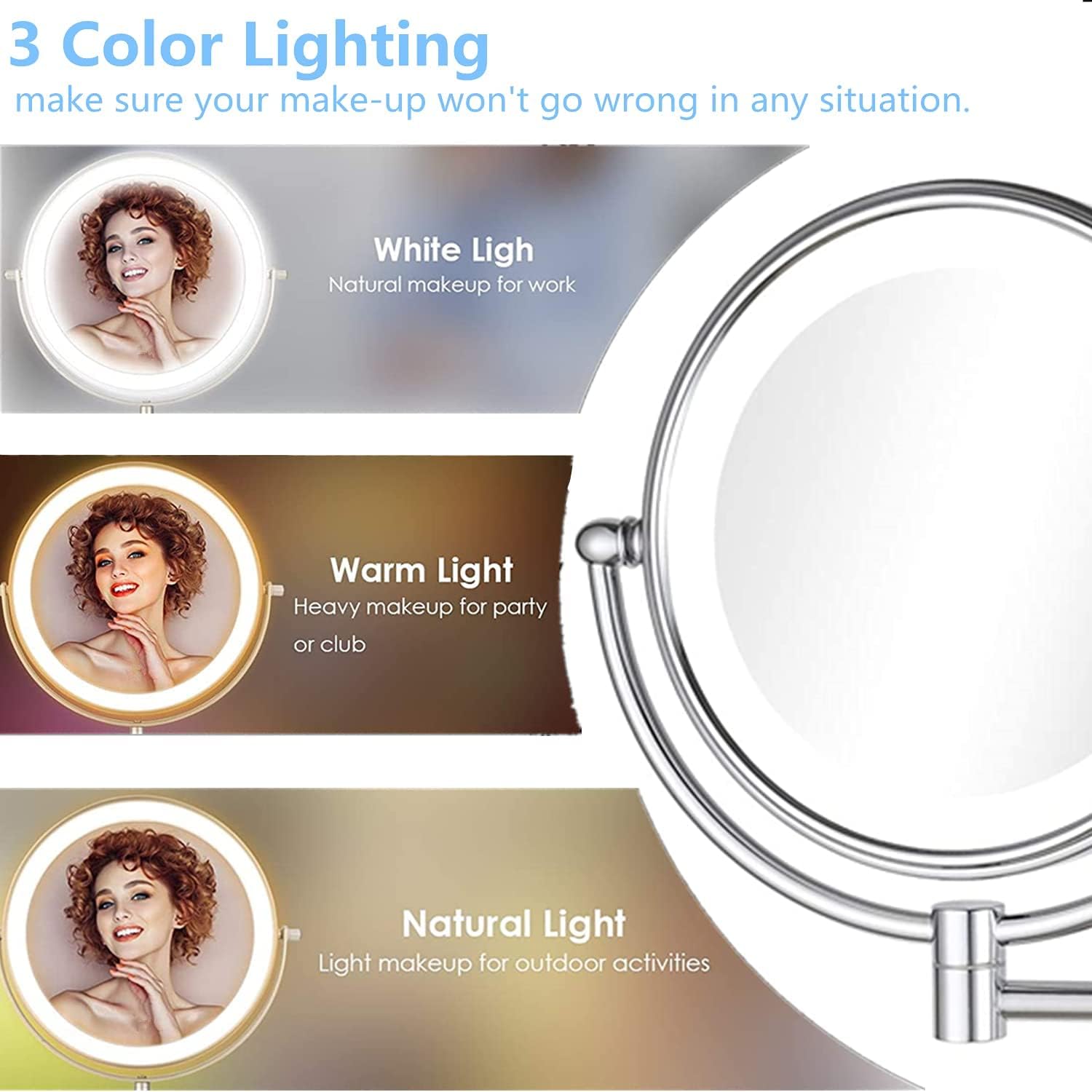 Hardwire LED Lighted Wall Magnifying Mirror for Bathroom with 10x Magnification Sliver,9 Inch Round Surface 13" Extendable Arm Polish Chrome