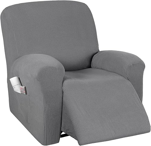 PrinceDeco Funda para silla reclinable, elástica, 1 pieza, protector de muebles con parte inferior elástica para silla con bolsillo lateral, funda