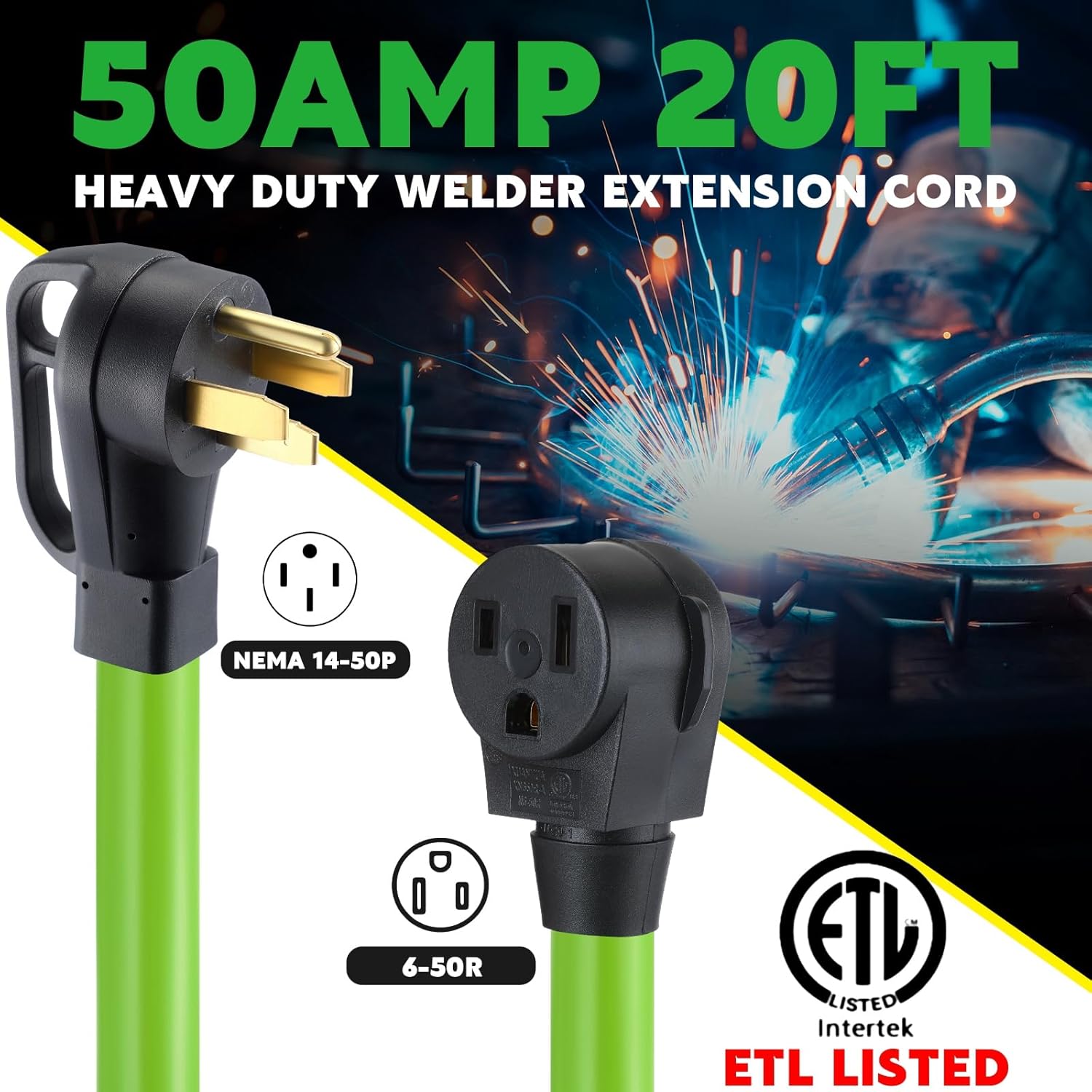 20 Feet 8awg 50amp Welder Extension Cord Compatible with Nema 14-50p to 6-50r, 4 Prong to 3 Prong Power Extension Cord with Handle for Generator or Rv Welder, 50 Amp 250v 12500 Watt