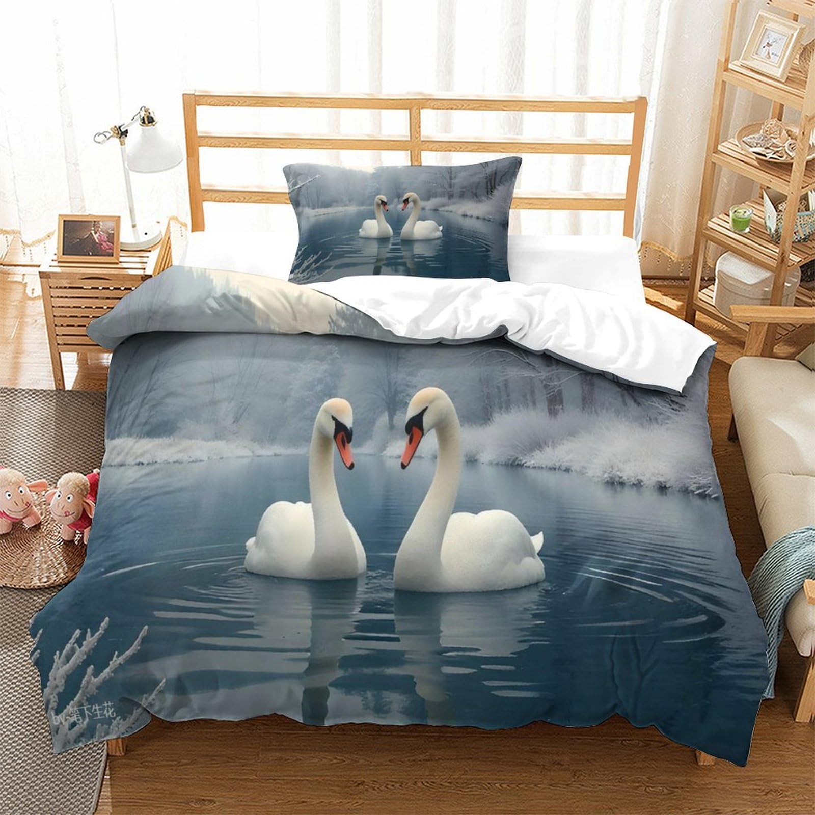Dafufbw Swans Breathable Duvet Cover Set Hidden Zipper Birds Quilt Cover Set With Pillowcases Bedding Set Soft Microfiber Comforter Cover For Various Sizes Beds Single（135X200cm）