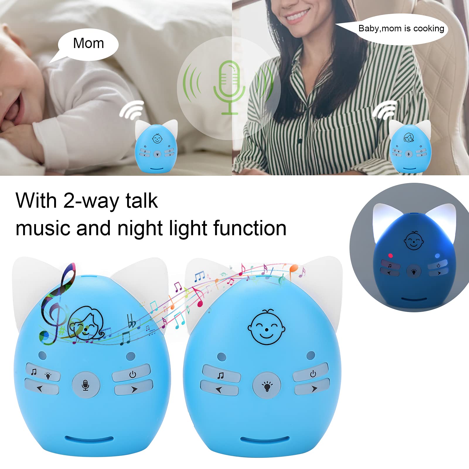 Cryfokt Baby Monitor Wireless, Monitor Audio Digitale con Conversazione Bidirezionale, Luce Notturna, Tecnologia FHSS, Portata da 200 a 300 Metri per Casa e Asilo Nido (Spina europea)