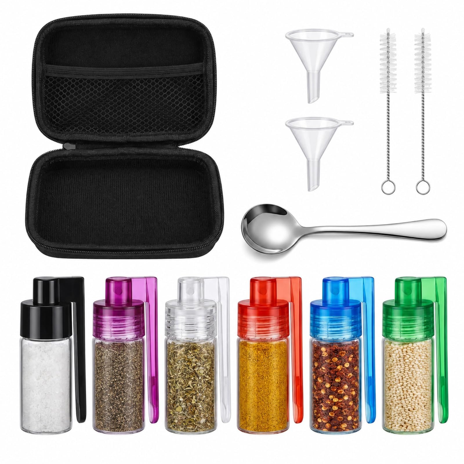 Raoletin Portable Spice Containers 6-Pack Camping Essentials Set, Glass Seasoning Jars with Brushes Micro Funnels Spoon Storage, Travel Salt and Pepper Sets for BBQ, Picnic, Caravan and Camping