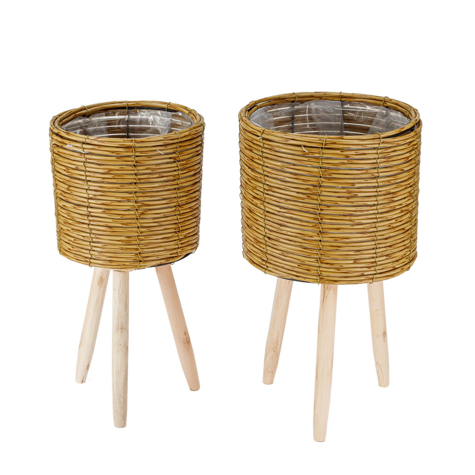 THY COLLECTIBLES Natural Color Woven Planter Baskets with Wooden Legs, Set of 2