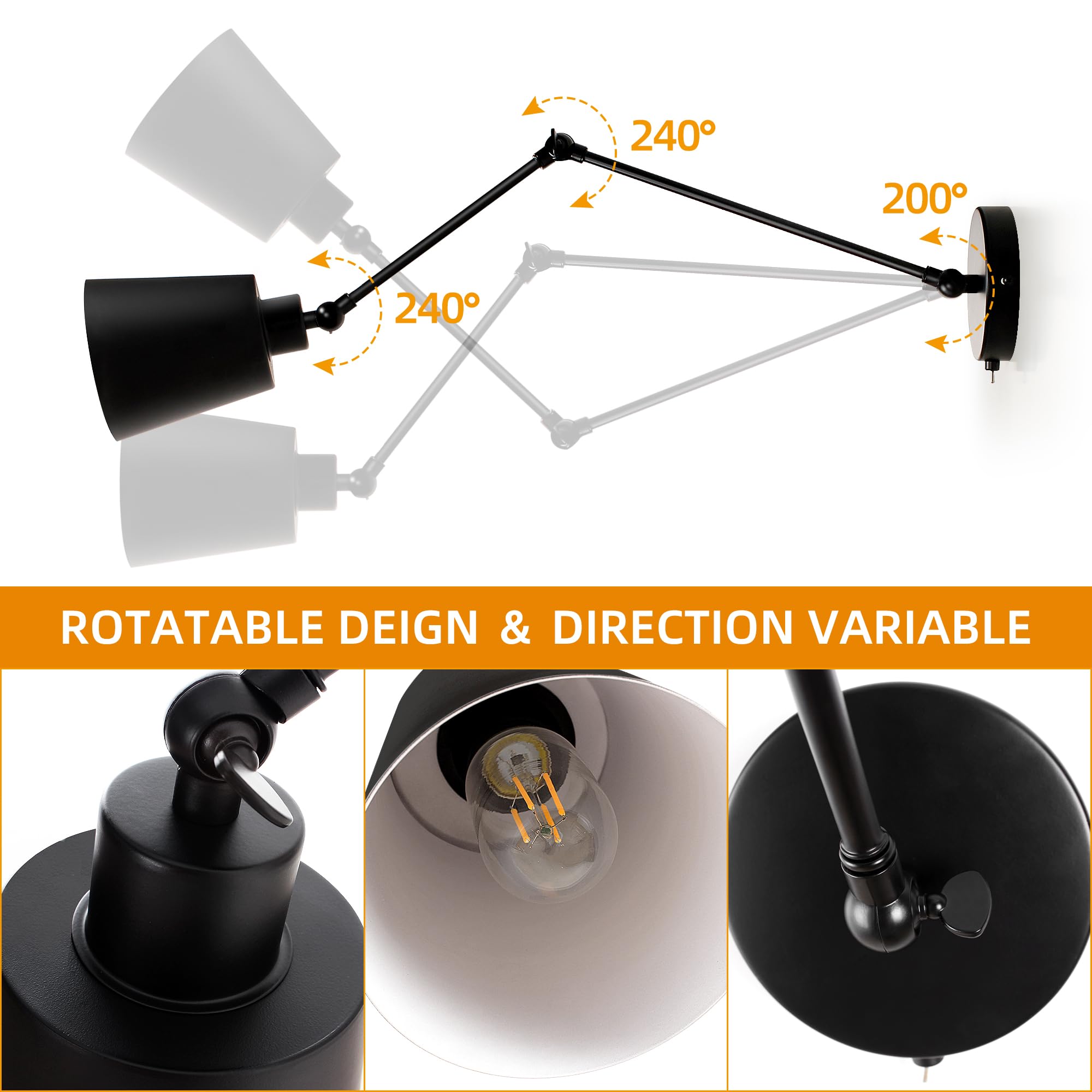 Kinkiety obrotowe z przełącznikiem 60cm kinkiety ścienne, sypialnia lampka nocna z kloszem, stożek oświetlenie wewnętrzne do czytania (żarówka w zestawie)
