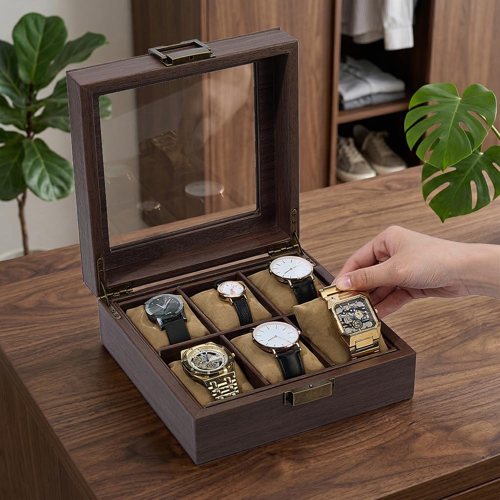 AHANDMAKER Uhren Koffer 6 Fach Holz Uhren Box Organizer für Männer Uhren Aufbewahrung Halter mit Glas Deckel Männer Schmuck Organizer für Vater Ehefrau Jahrestag Geburtstag Geschenke