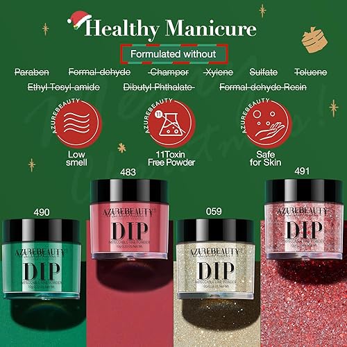 Miniatura 9 de AZUREBEAUTY Kit de uñas en polvo de inmersión, 4 colores, rojo, verde, dorado, sistema de polvo de inmersión, bandeja de reciclaje, base de arte de