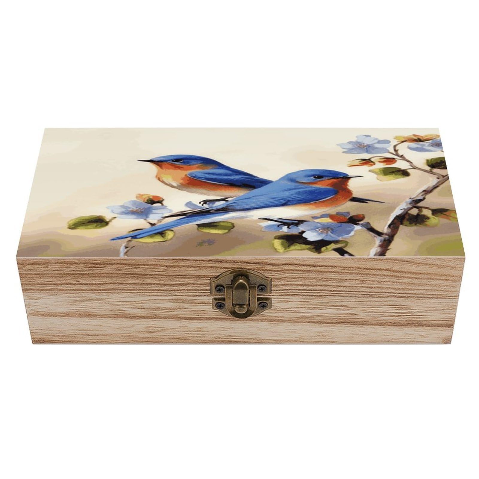 Btcowzrv Style Happy Bluebirds Wooden Storage Box, Keepsake Box With Hinged And Retro Lock, Wood Jewelry Organizer For Photos & Mementos And Home Decor