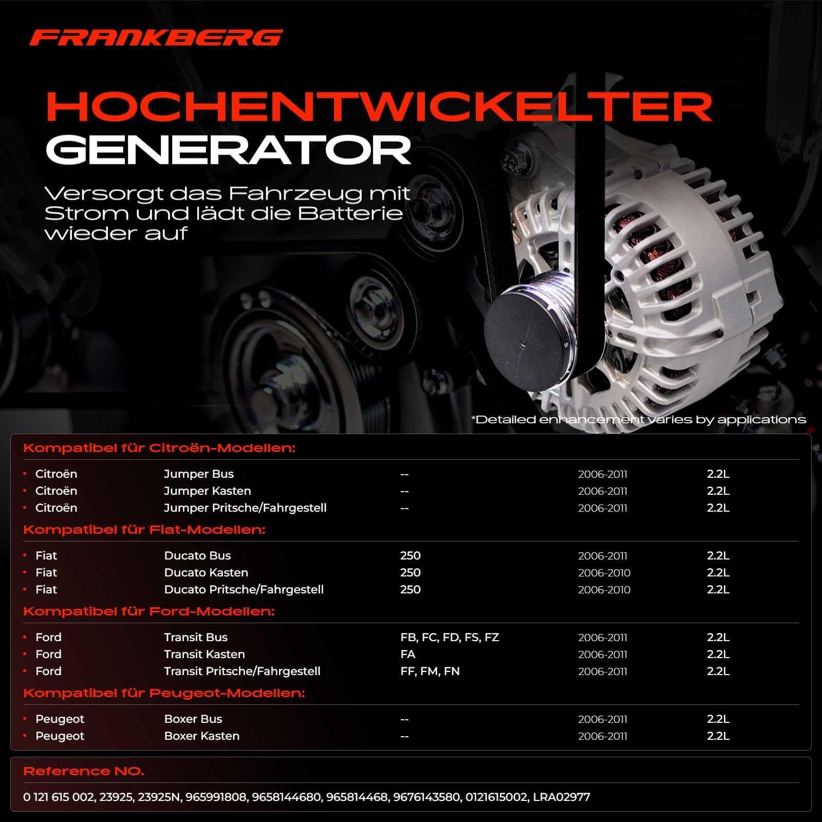 Alternateur 150A Frankberg Compatible Ducato, Jumper, Transit, Boxer - Remplacement Référence 1374171