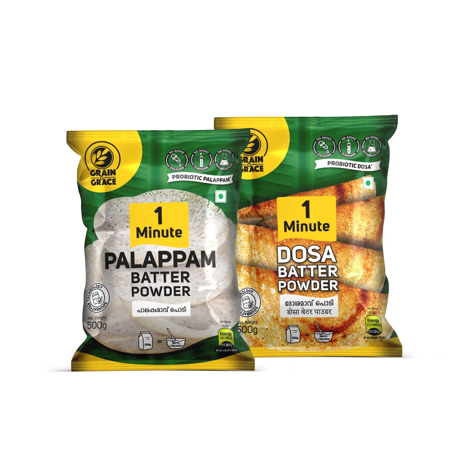 Grain n Grace 1 Minute Palappam Dosa Batter Powder combo Vegetarian South Indian Instant Mix (500gm each)