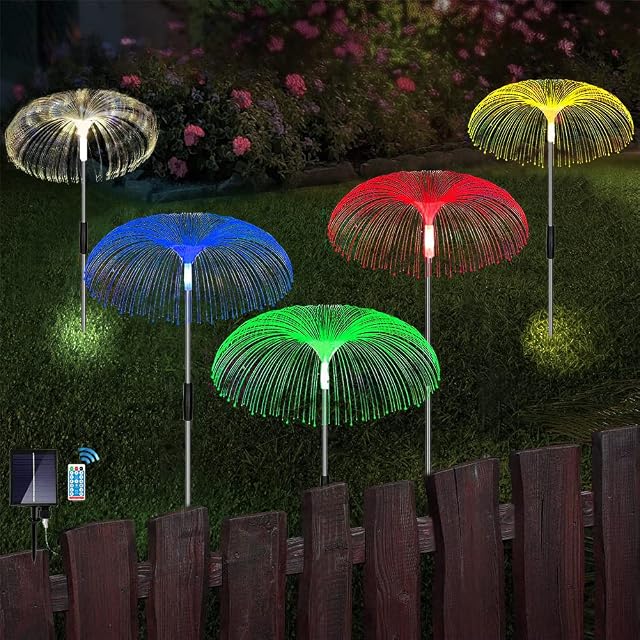 Joysing Solar Garden Lights Outdoor 5 Pack Multicolor Solar Jellyfish Shape Lights with Remote, 8 Modes Fiber Lights Waterproof Ornaments Lights for Lawn Yard Patio Party Pathway Wedding Decorations