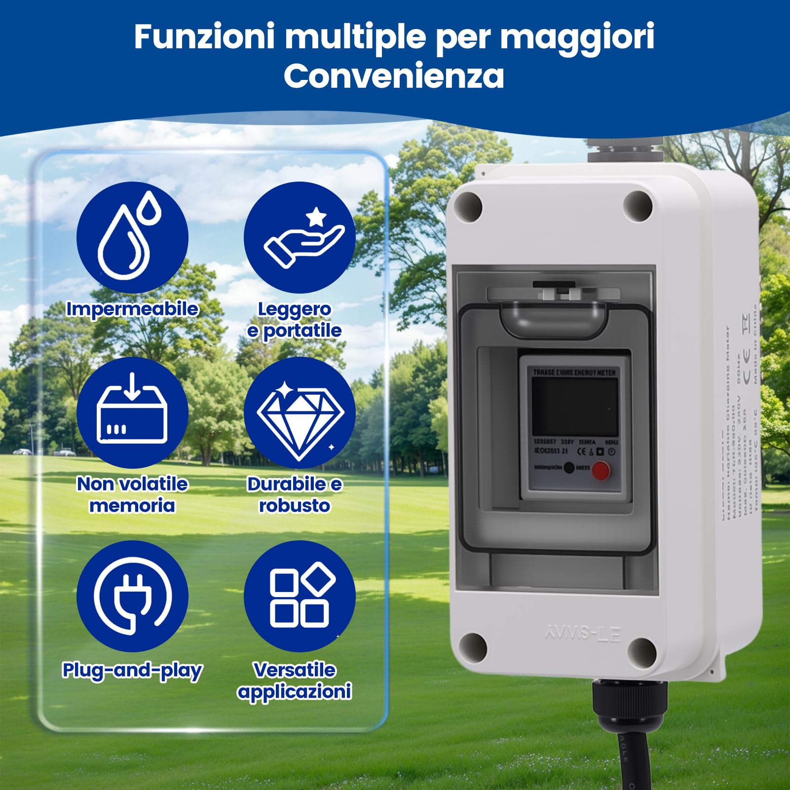 Contatore Elettrico Digitale Portatile, 80A 230V Contatore Intelligente Mobile con Display LCD e Pulsante di Reset, alloggiamento Impermeabile IP65, per Camper eveicoli elettrici
