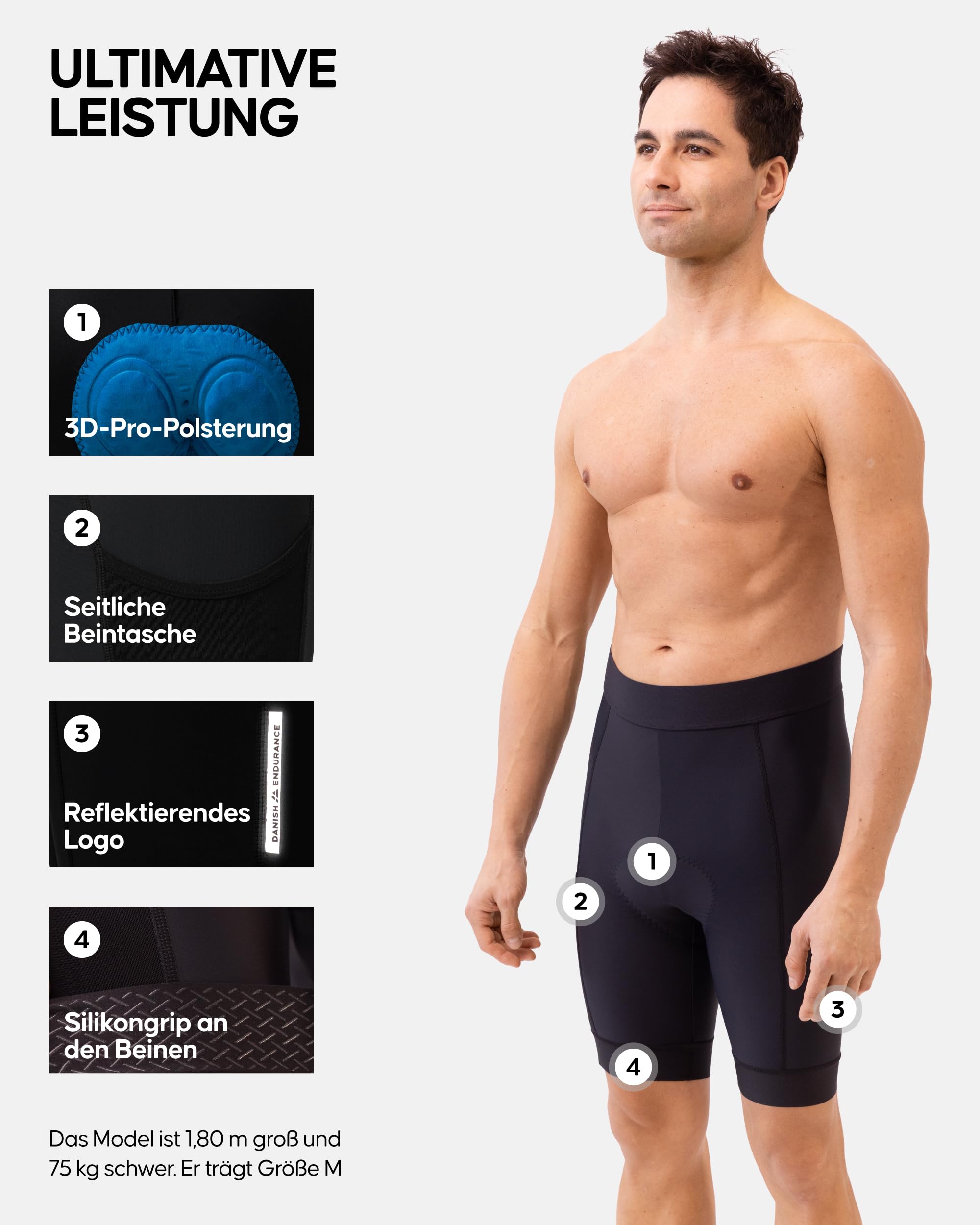 DANISH ENDURANCE Kurze Radlerhose Herren, Fahrradhose Herren Gepolstert, Schnelltrocknende MTB Shorts, 3D Pro Sitzpolster, Fahrradbekleidung