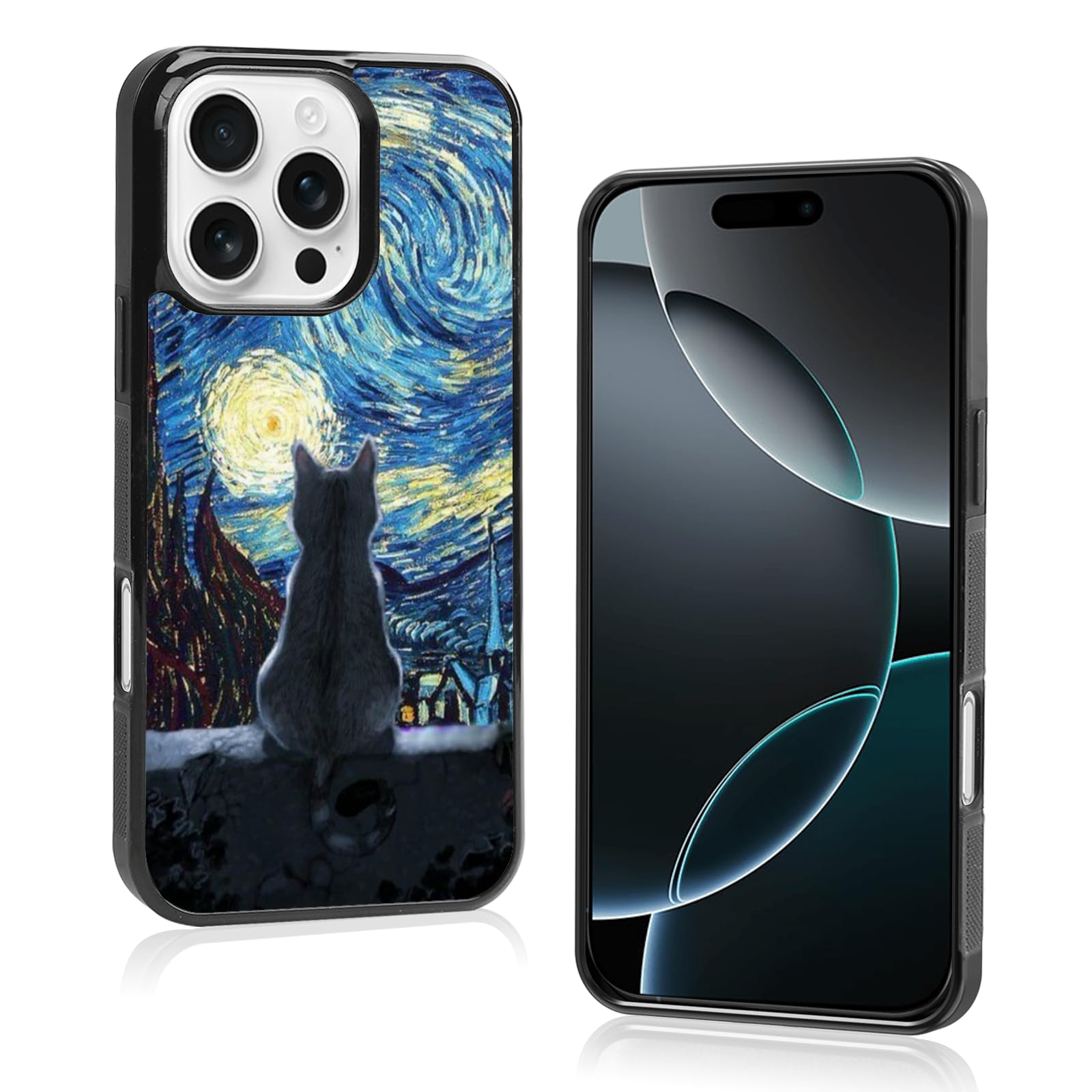 Black Cute Cat iPhone 16 Pro Case，Van Gogh Cute Cat iPhone Case, Non-Slip Pattern Design and Shock Absorption, Soft Silica Gel Frame Support Black
