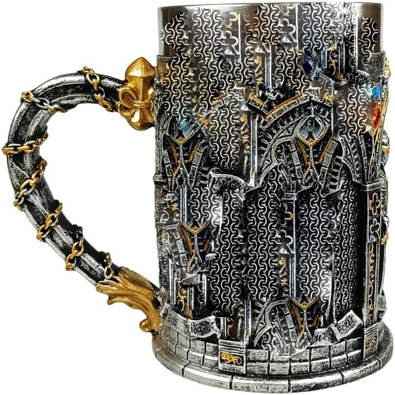 16 ounce beer mug, medieval cross sword knight mug, stainless steel lined beer and coffee mug