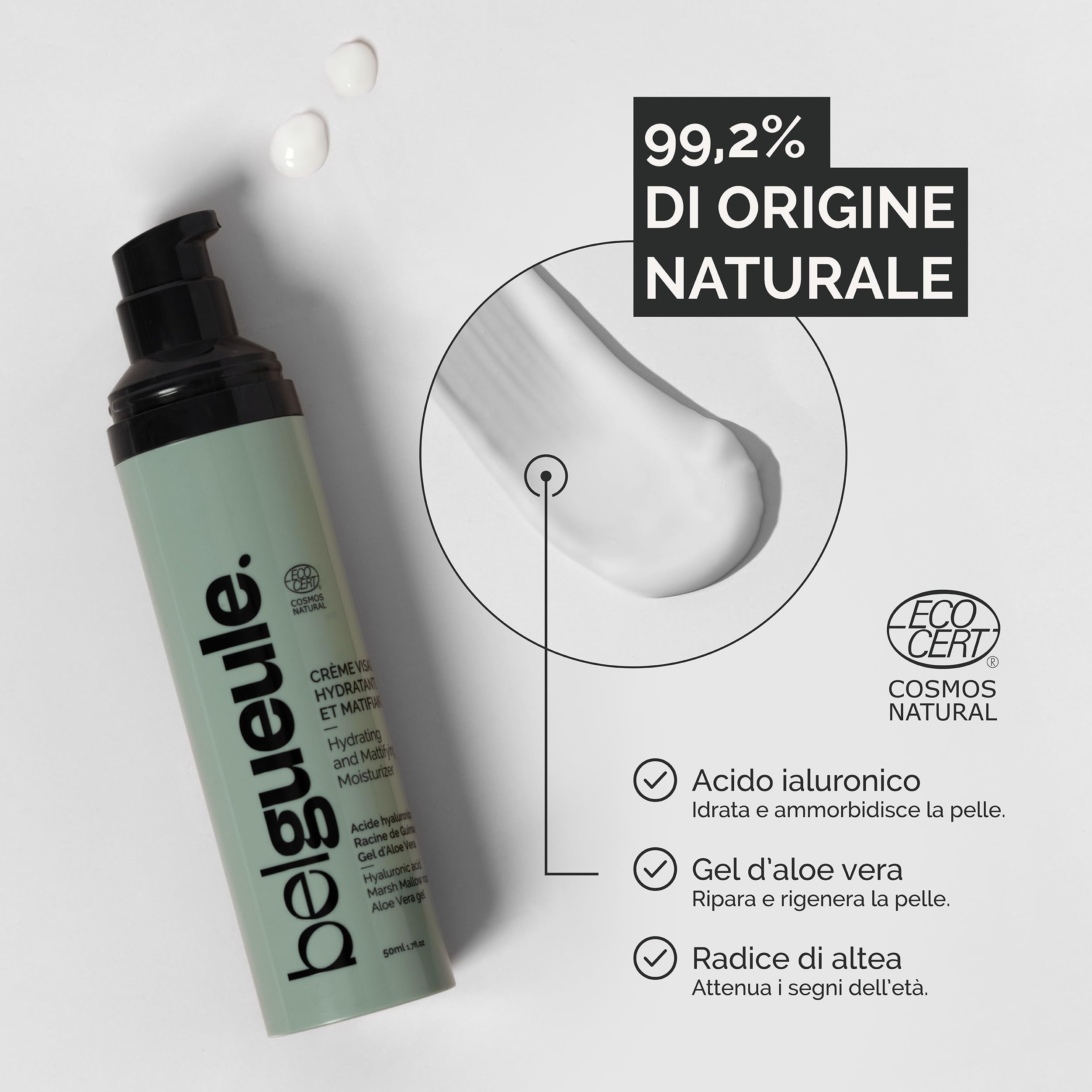 Belgueule Crema Viso Uomo, Idratante e Opacizzante, Trattamento Anti-Età con Acido Ialuronico e Aloe Vera, 50 ml, 1 Pezzi (50ml)