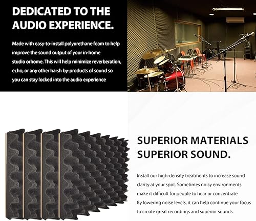 Miniatura 5 de Paquete de 12 paneles de espuma acústica autoadhesiva de 2 x 12 x 12 pulgadas, a prueba de sonido, 55.1 lbsm, espuma amortiguada absorbente de