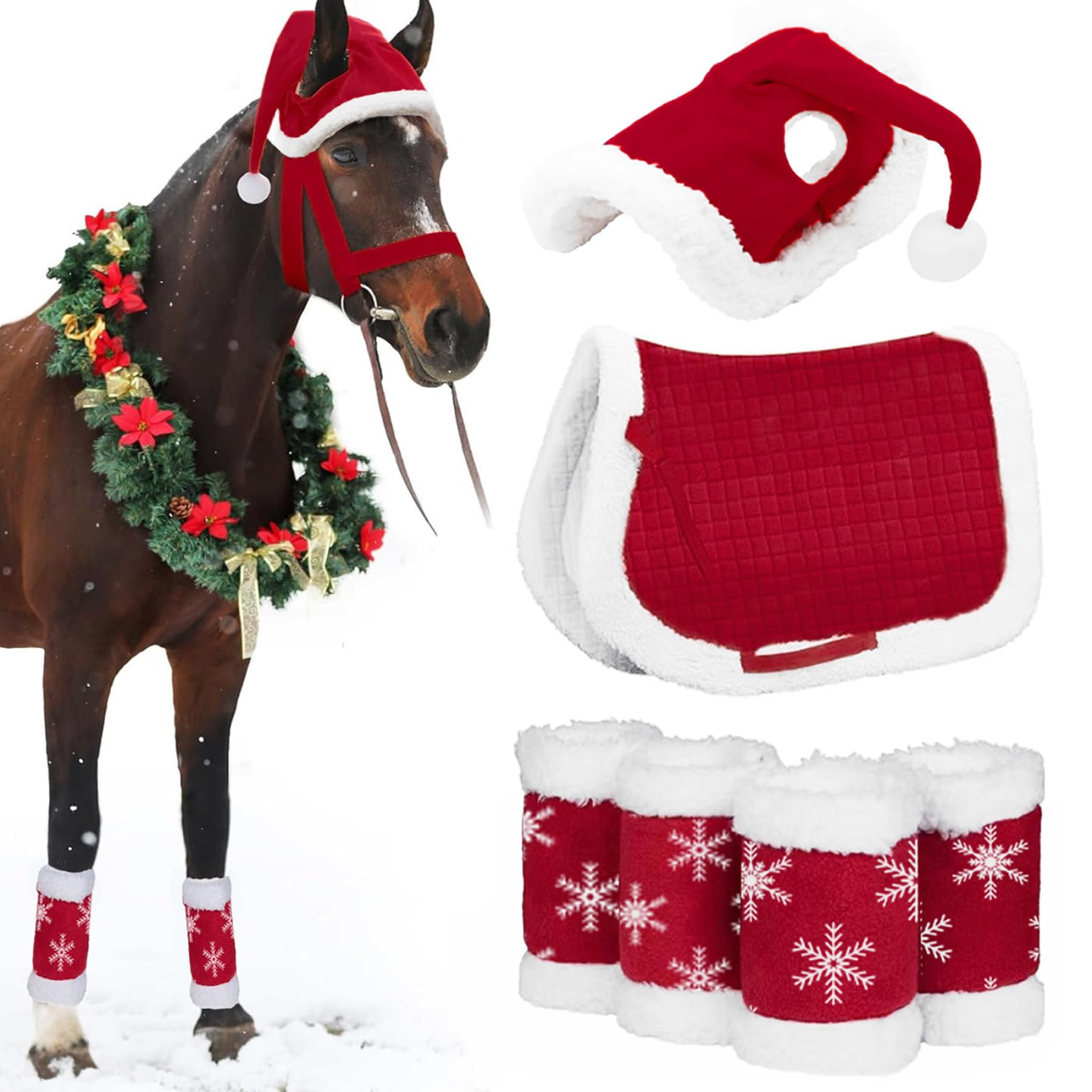 Costumes pour chevaux déguisement hiver avec bonnet de Père Noël et selle rouge