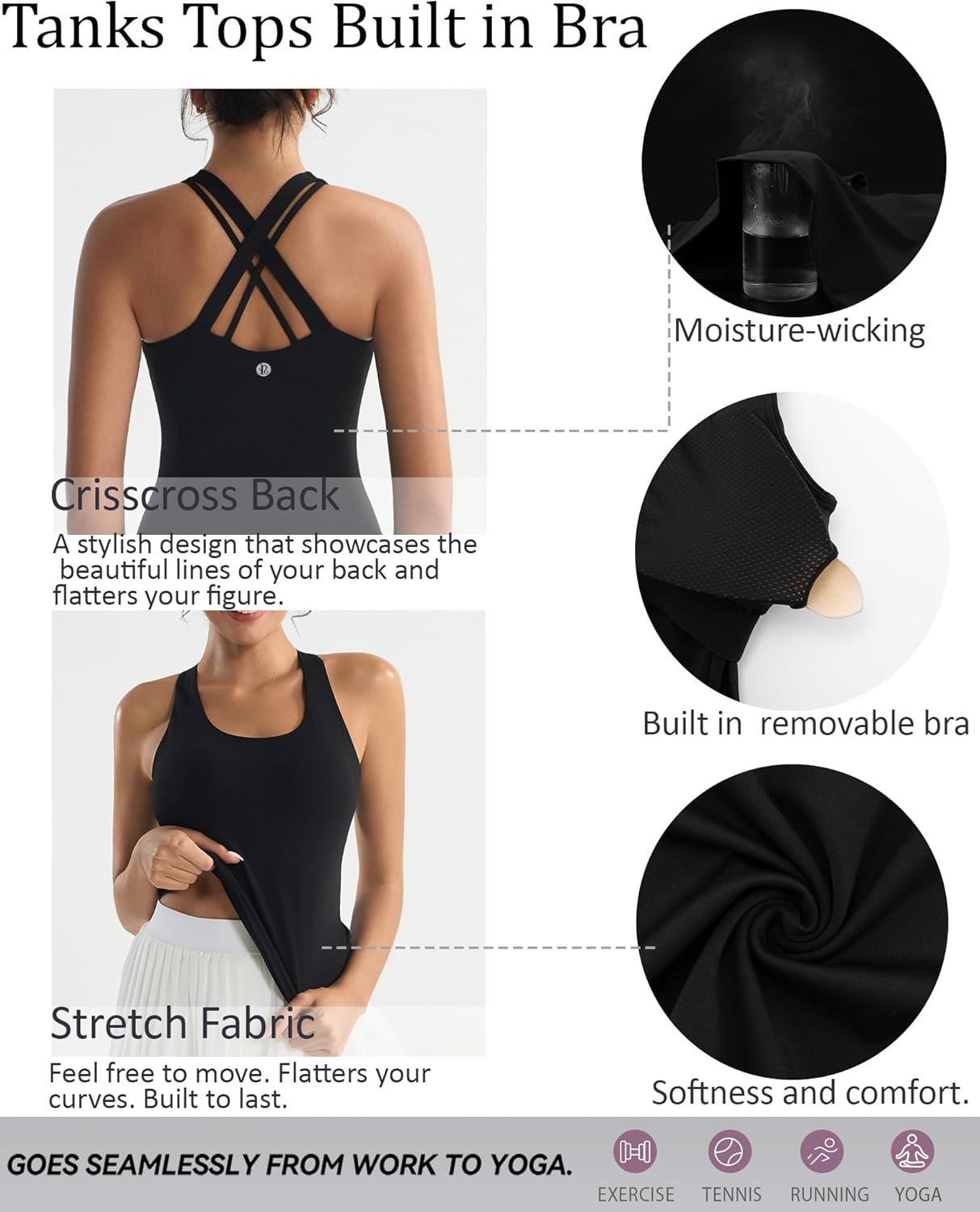 RUNNING GIRL Tank top with Built in Bra for Women,Compression Shirts Crisscross Back Workout Yoga Tops - Image 6