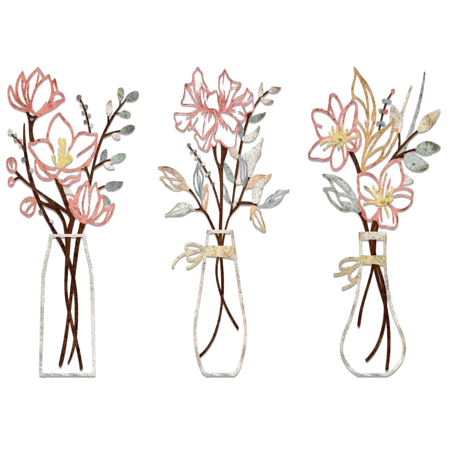 Leseogye Metal Flower Wall Art, Pink Flower in Vase Wire Artwork for Wall, Pink Metal Flowers for Living Room Bathroom Bedroom Patio Balcony Kitchen