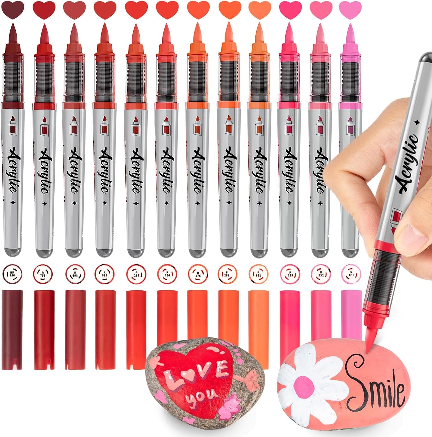 Woomer Acrylic Paint Markers 12 Red Colors, Open Stock, Durable Brush | Buildable Coverage with Less Paint Buildup for Corrections, Water-Based, Waterproof When Dry, for Adult Coloring & Crafts