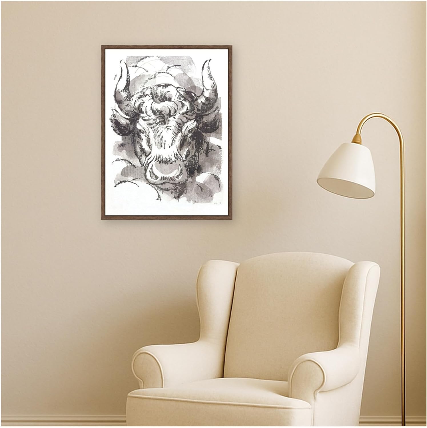 Kate and Laurel Framed Canvas Wall Art Print Tete de taureau Jules Chadel by Nostalgia Prints, 18 x 24 Sylvie Walnut Frame, Modern Contemporary, Animal Art for Wall Decor