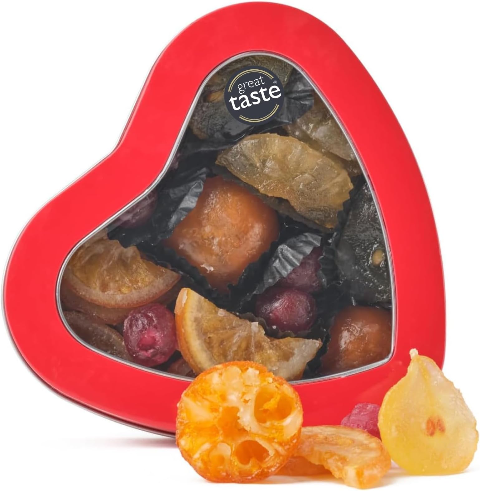 Walnut Tree Heart-Shaped Tin – Gourmet Glace Fruit Gift, Crystallised Fruits – Handpacked in the UK – Great Taste Award Winner – Luxury Gift Selection, Birthday, Anniversary, 220g