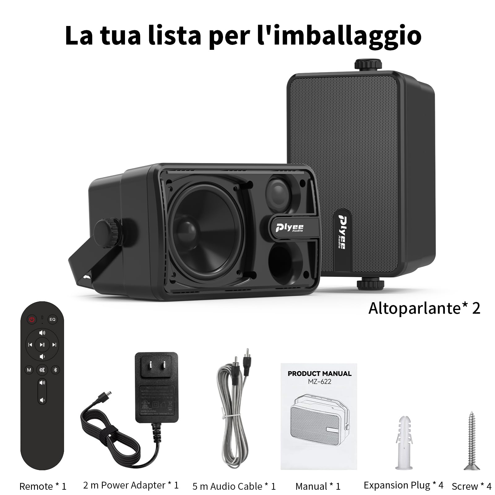 Casse Bluetooth da Esterno, Casse da Parete Attive + Passive, Design Compat, Supporto Ingresso Aux, Adatte per Patio, Veranda, Garage, Confezione da 2 (MZ-650)
