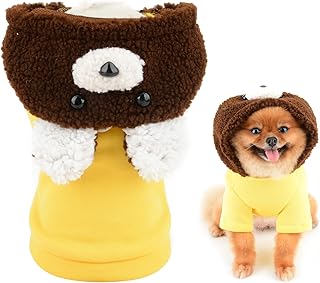 SMALLLEE_LUCKY_STORE Cute Pet Fleece Hoodie with Plush Bear Head Hood for Small Dog Cat Warm Hooded Pullover Sweatshirt with D-Ring Puppy Sweater Winter Fall Clothes for Yorkie Chihuahua,Yellow,L