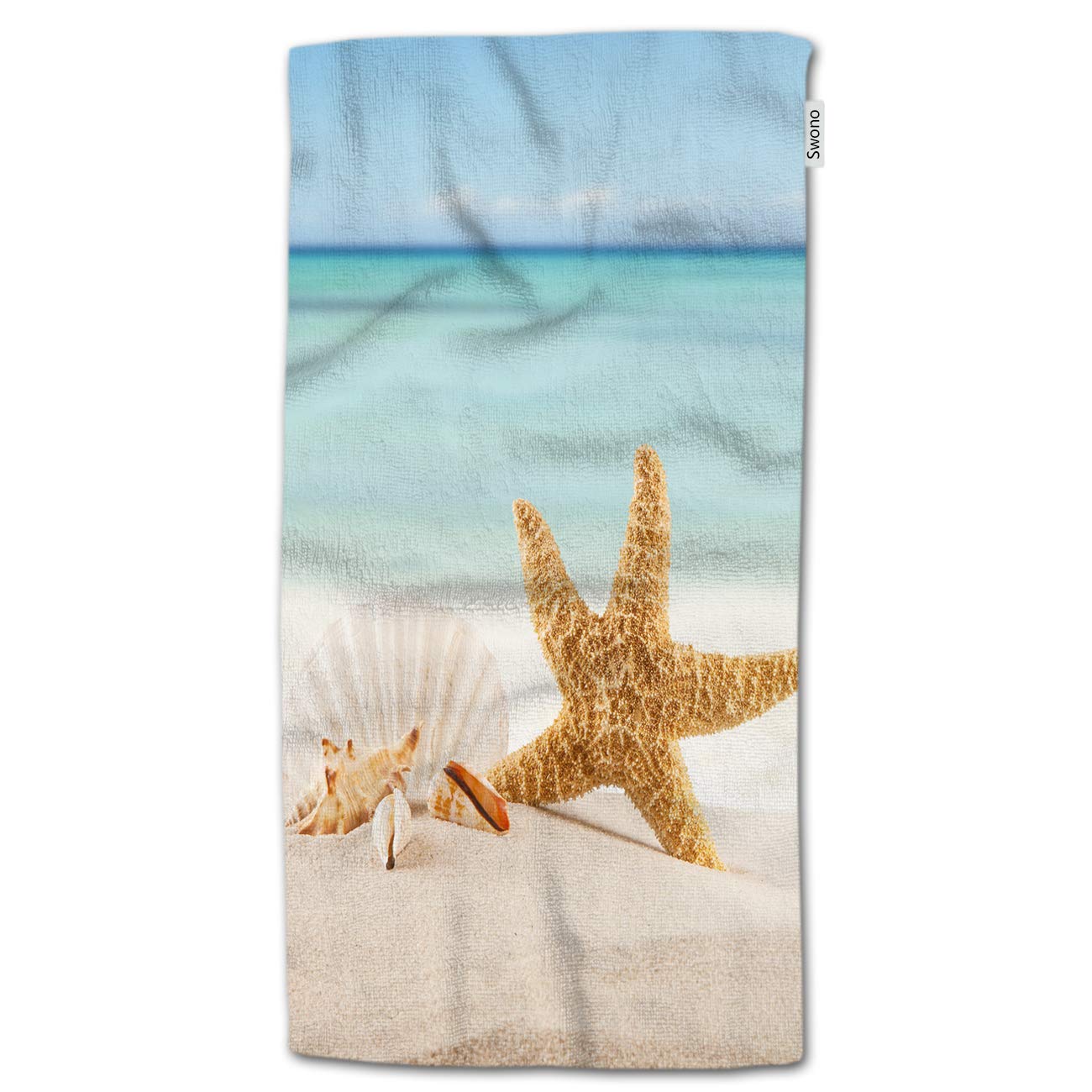 Softerry 30x60 Inch Beach Towel - Starfish & Seashells Velour Design, 100% Cotton (Blue/Sand) - View #2