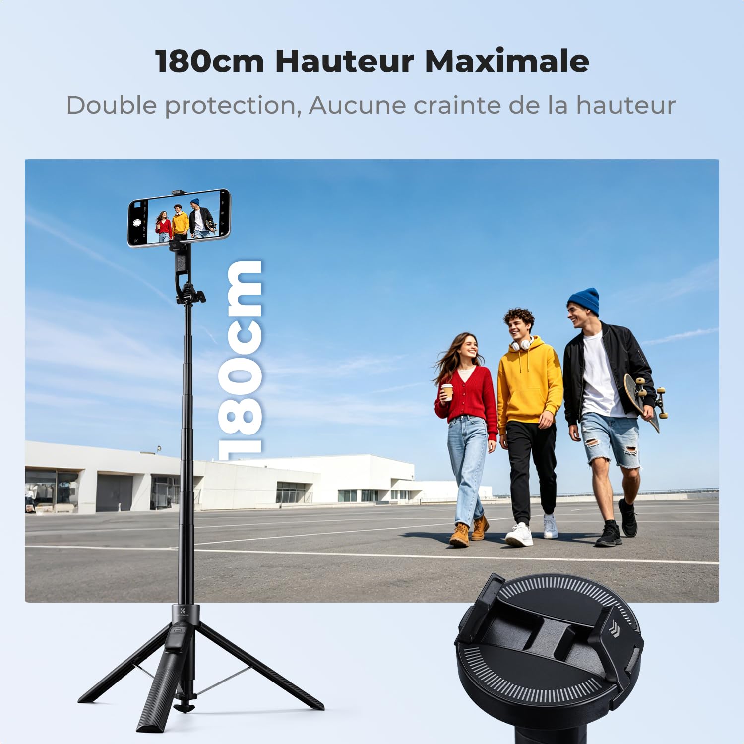 K&F CONCEPT 180cm 3 en 1 Trépied Téléphone Selfie Stick iPhone Noir