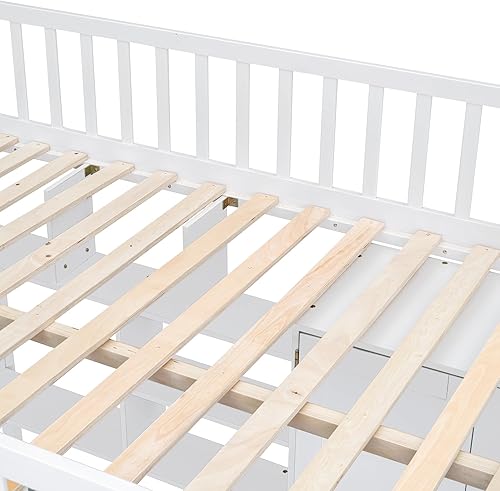 Miniatura 144 de Cama alta funcional tamaño individual con 2 cajones y 2 armarios, base de cama de madera maciza con barandilla de seguridad y escalera de